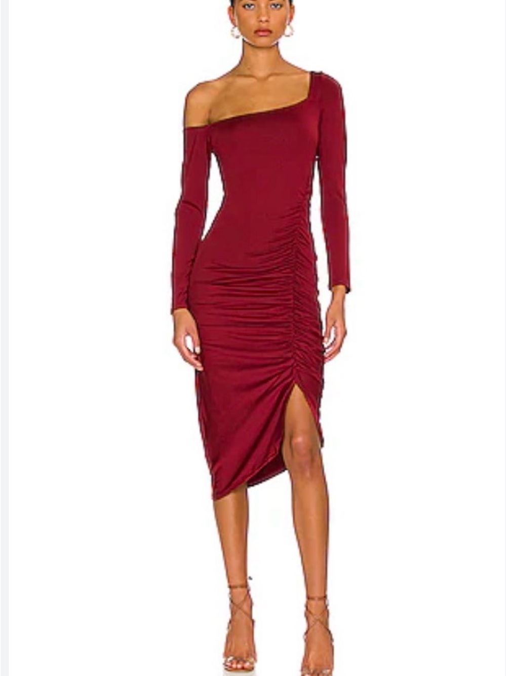 Astr Wine Bodycon Sheath One-Shoulder Ruched Draped Asymmetric Midi Dress [TE]